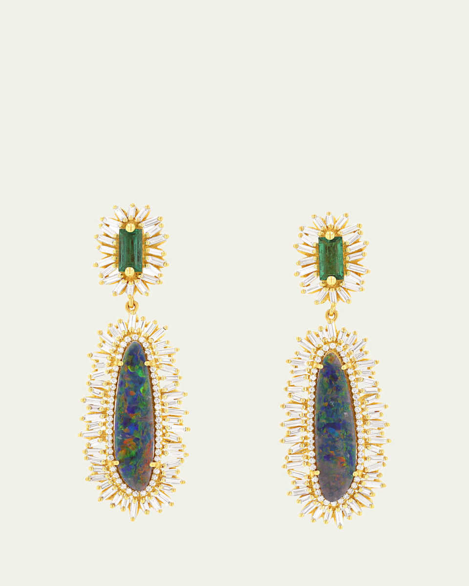 18K Yellow Gold One Of A Kind Earrings with Opals, Emerald Baguettes and White Diamonds